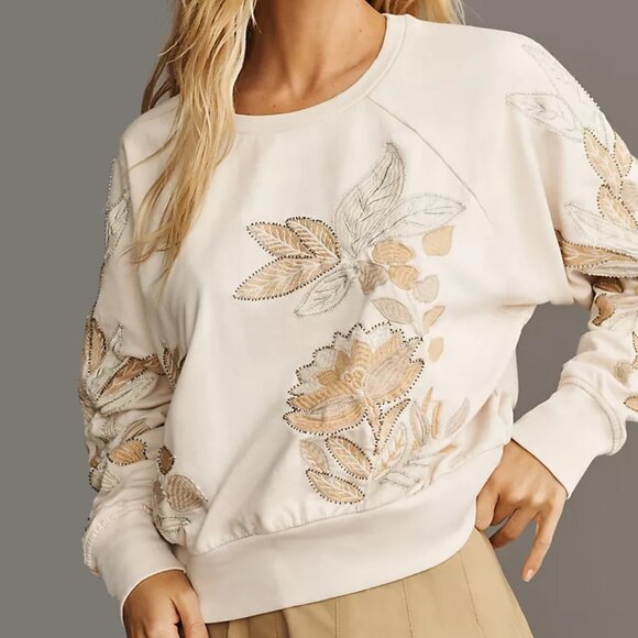 NEW Anthropologie Women Pilcro Embroidered Floral Beaded Sweatshirt Beige - Picture 1 of 5